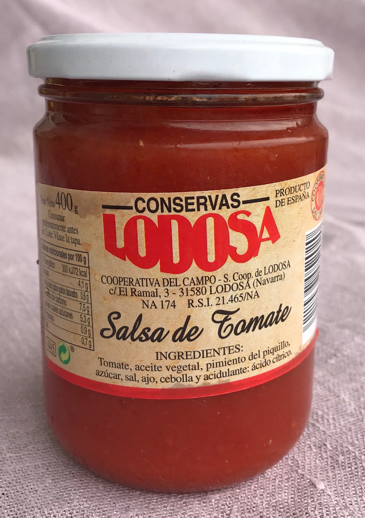 Salsa de tomate Lodosa lista para el consumo. Bote de 400 g